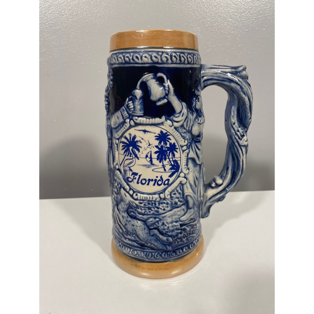 9” Florida Souvenir Beer Stein Mug Cobalt Blue palm trees animals castle Japan